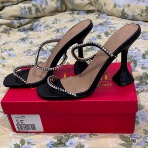 Catherine Malandrino Black Heeled Sandals with Rhinestone Straps